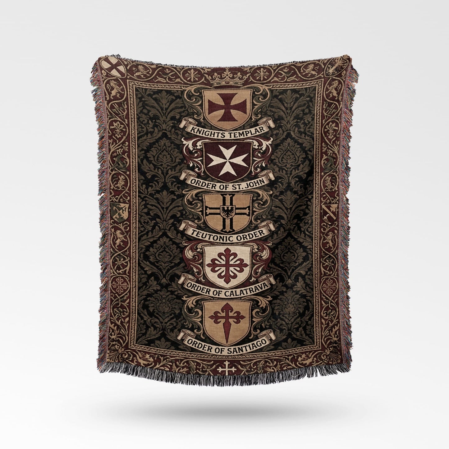 Tapestry throw with heraldic crests for Knights Templar, Order of St. John, Teutonic Order, Order of Calatrava, and Order of Santiago.