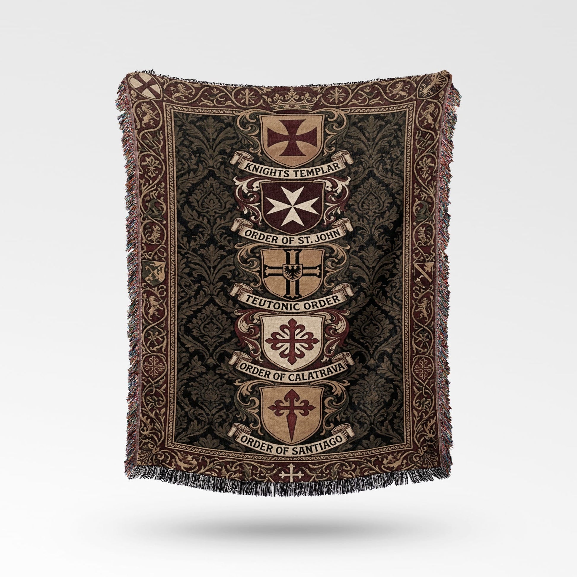 Tapestry throw with heraldic crests for Knights Templar, Order of St. John, Teutonic Order, Order of Calatrava, and Order of Santiago.