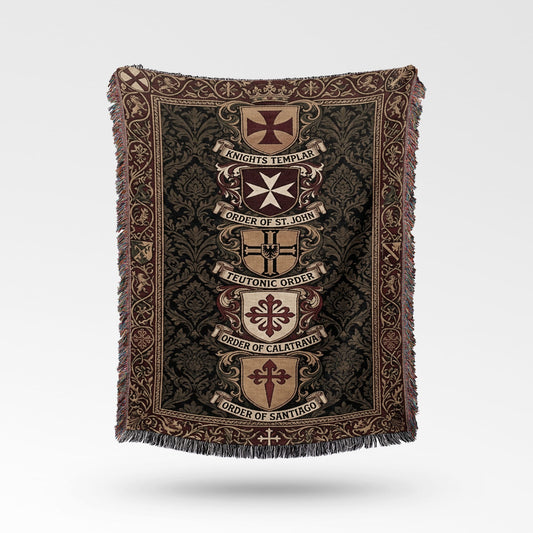 Tapestry throw with heraldic crests for Knights Templar, Order of St. John, Teutonic Order, Order of Calatrava, and Order of Santiago.