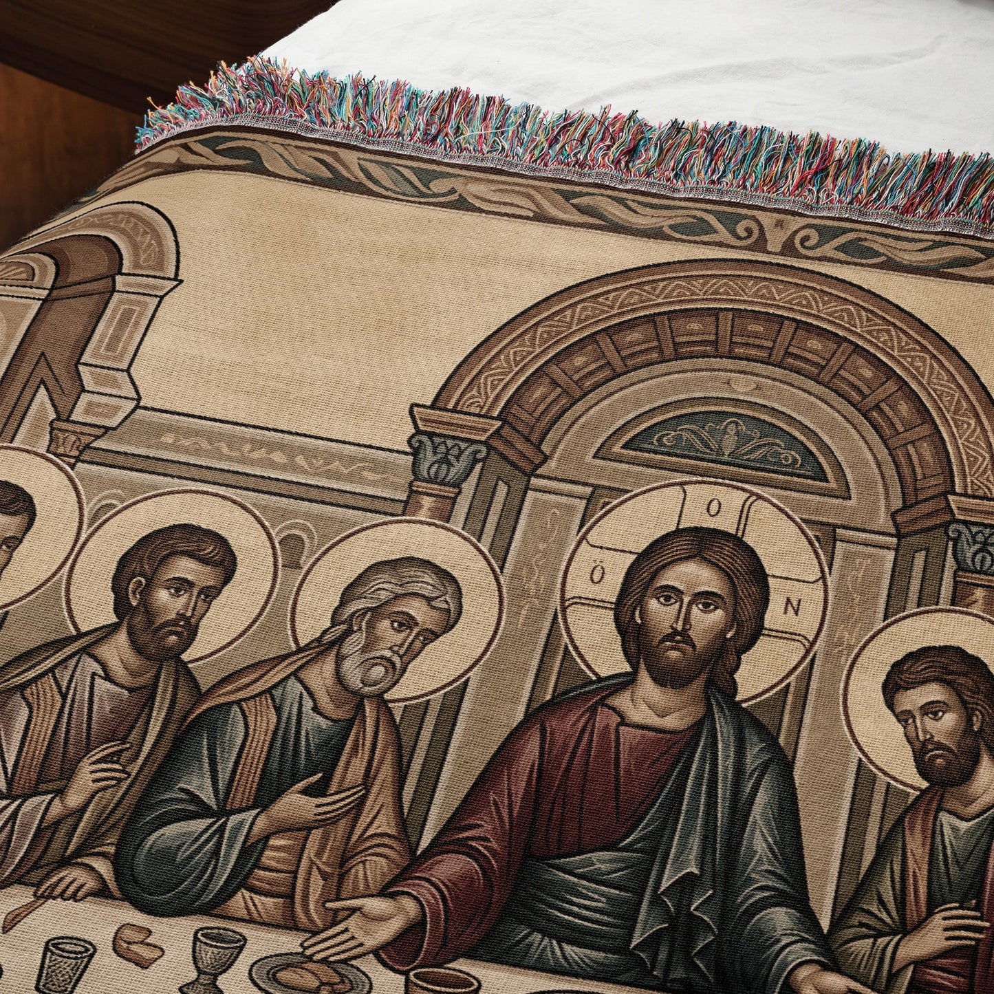 MyDesigns Warm Gold Last Supper Horizontal Tapestry - Byzantine Icon jacquard woven blanket