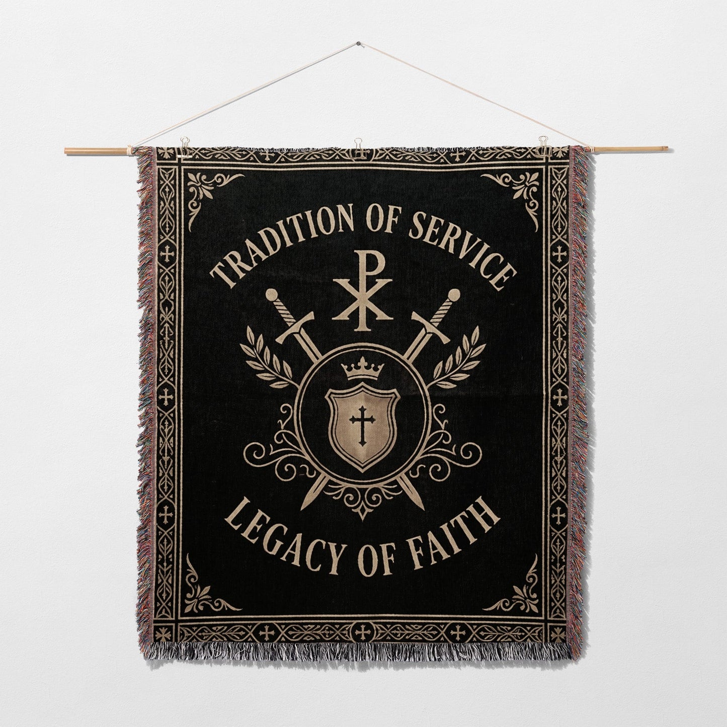 Embroidered tapestry with "Tradition of Service Legacy of Faith" text and Christian symbols.