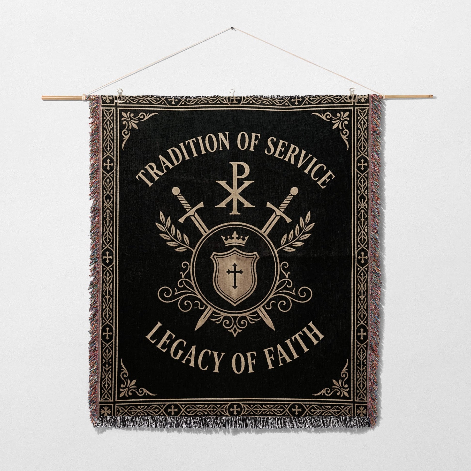Embroidered tapestry with "Tradition of Service Legacy of Faith" text and Christian symbols.