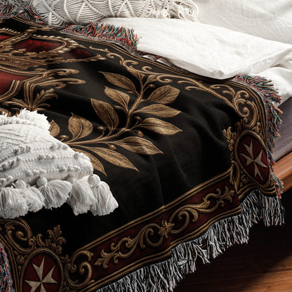 CalmNestStyle Order of Malta Crown and Laurel Black Gold Woven Blanket jacquard woven blanket