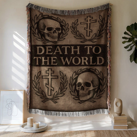 Death to the World Woven Skull and Cross Wall Tapestry