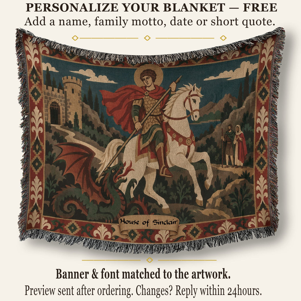 CalmNestStyle Saint George Folk Art Dragon Slayer jacquard woven blanket