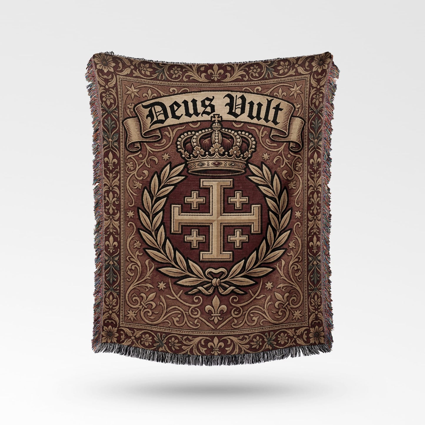 Tapestry throw blanket with crown, Jerusalem cross, and "Deus Vult" text.