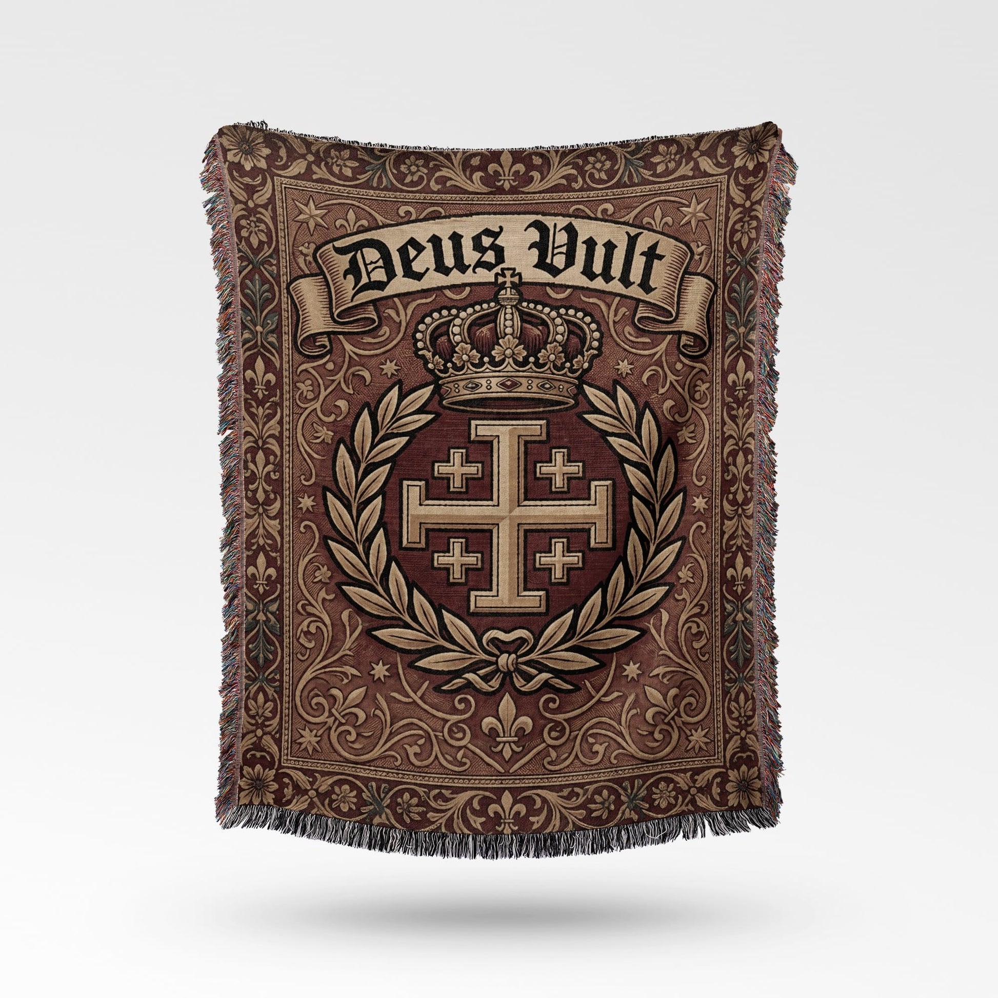 Tapestry throw blanket with crown, Jerusalem cross, and "Deus Vult" text.