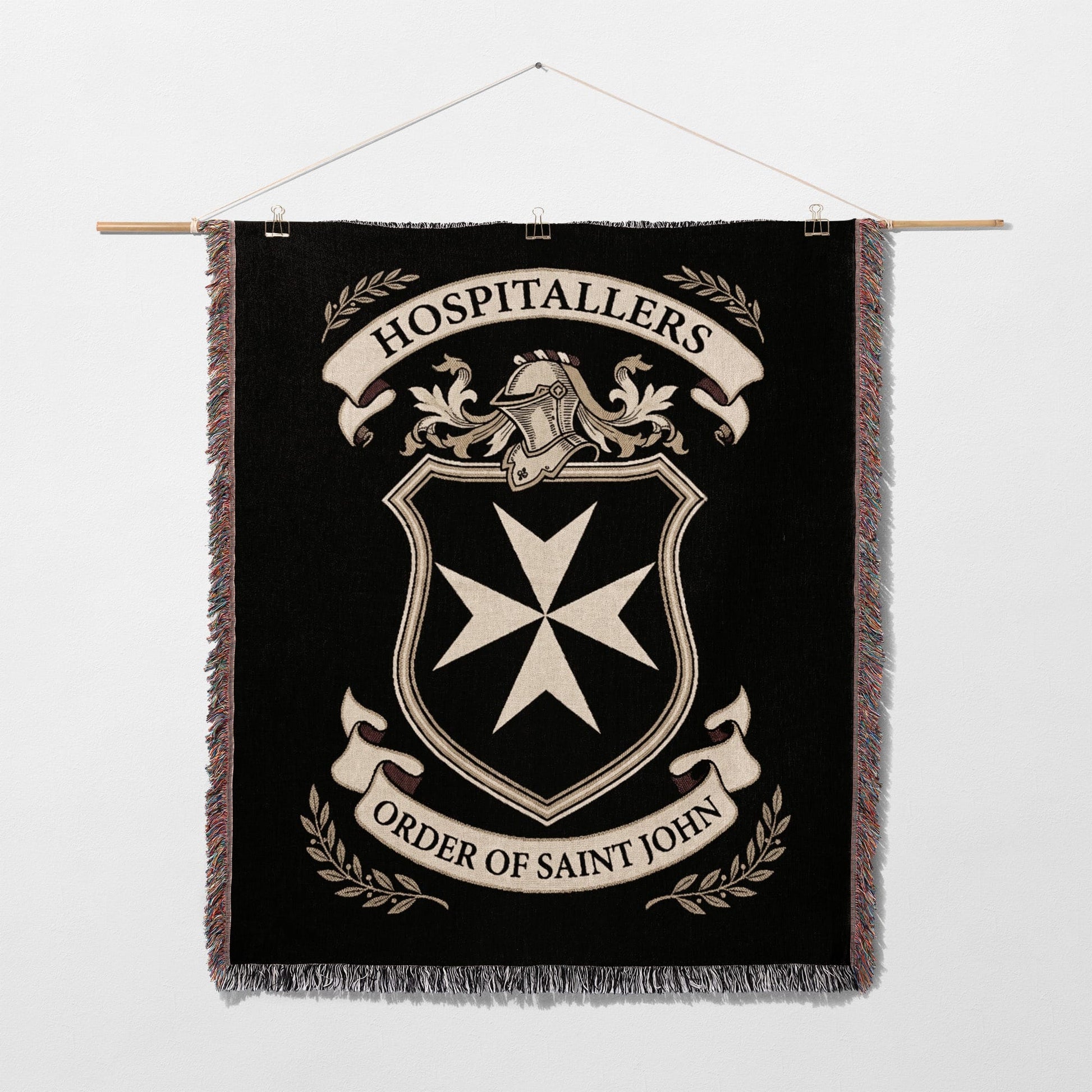 Black tapestry with Hospitallers Order of Saint John crest and Maltese cross.