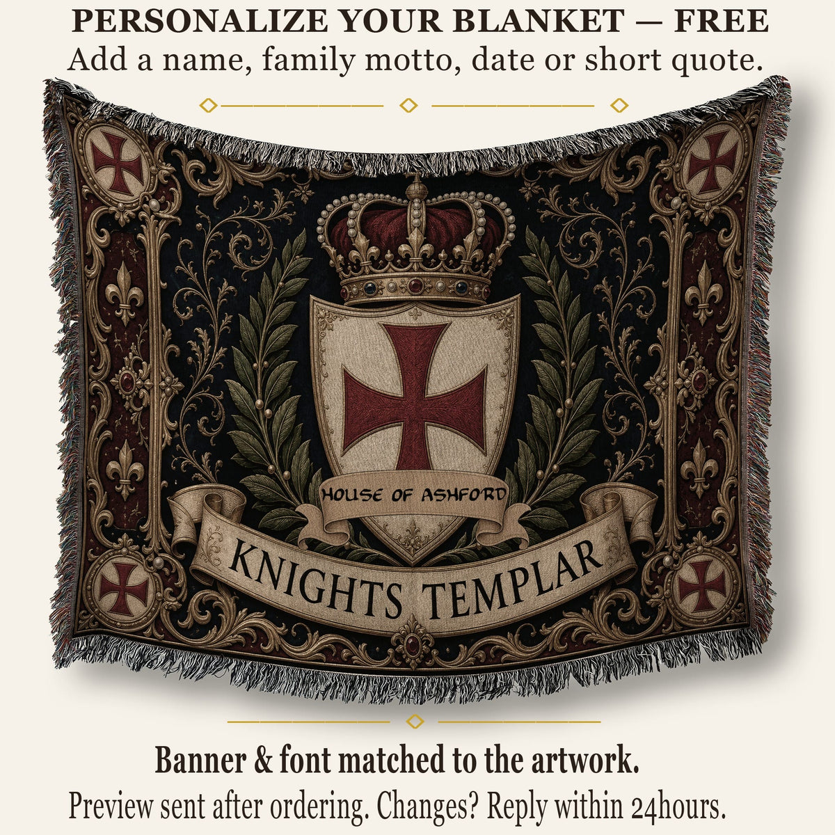 MyDesigns Medieval Blanket – Knights Templar Crest, Crown & Laurel Woven Throw jacquard woven blanket