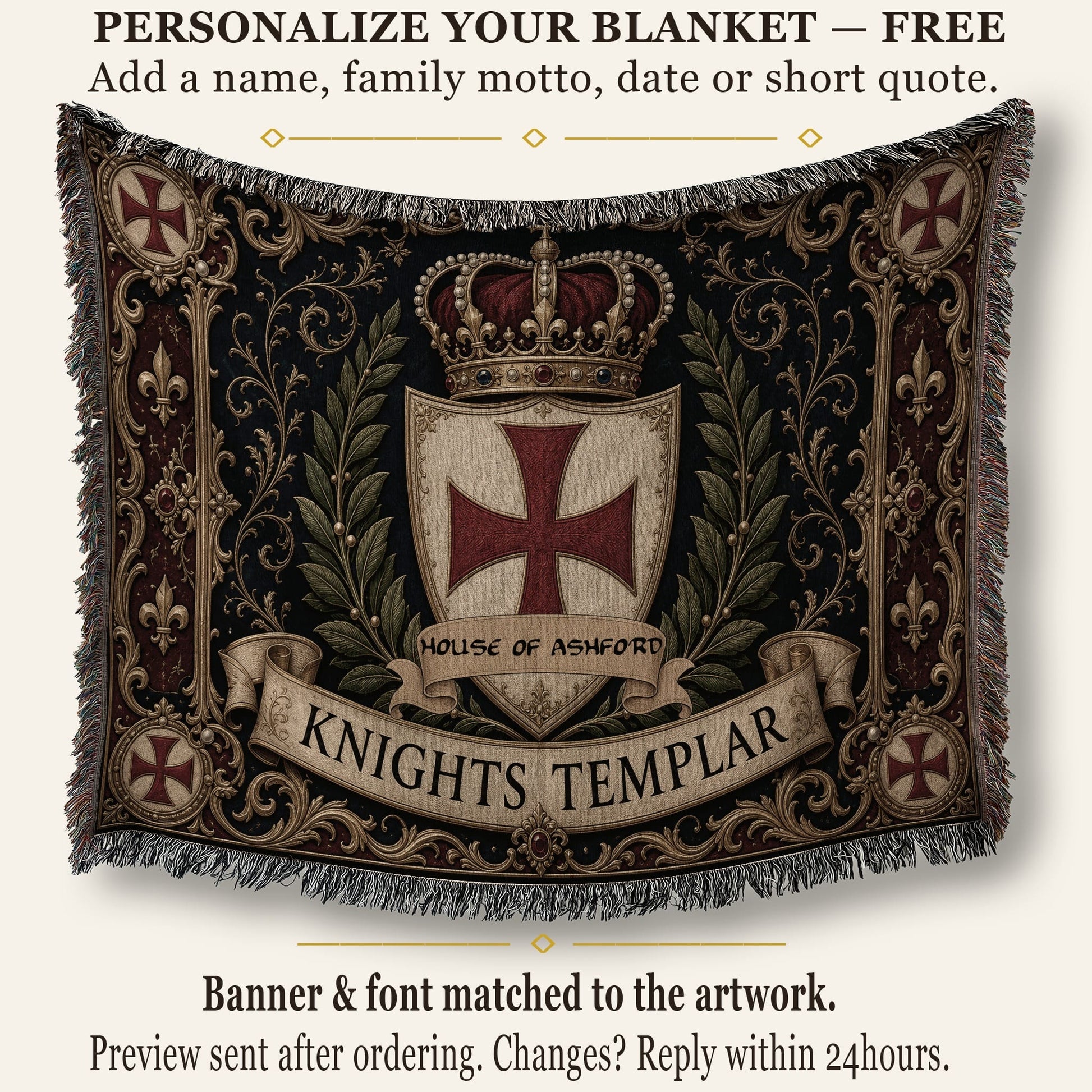 MyDesigns Medieval Blanket – Knights Templar Crest, Crown & Laurel Woven Throw jacquard woven blanket