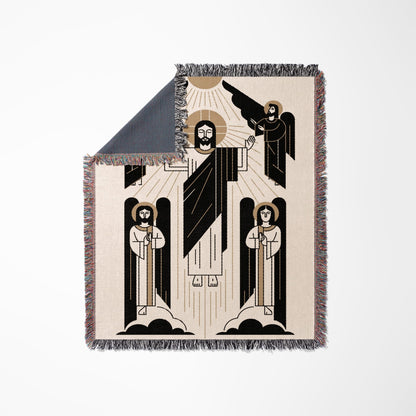 Jesus Christ with outstretched arms, flanked by two angels on clouds, with sunburst above.