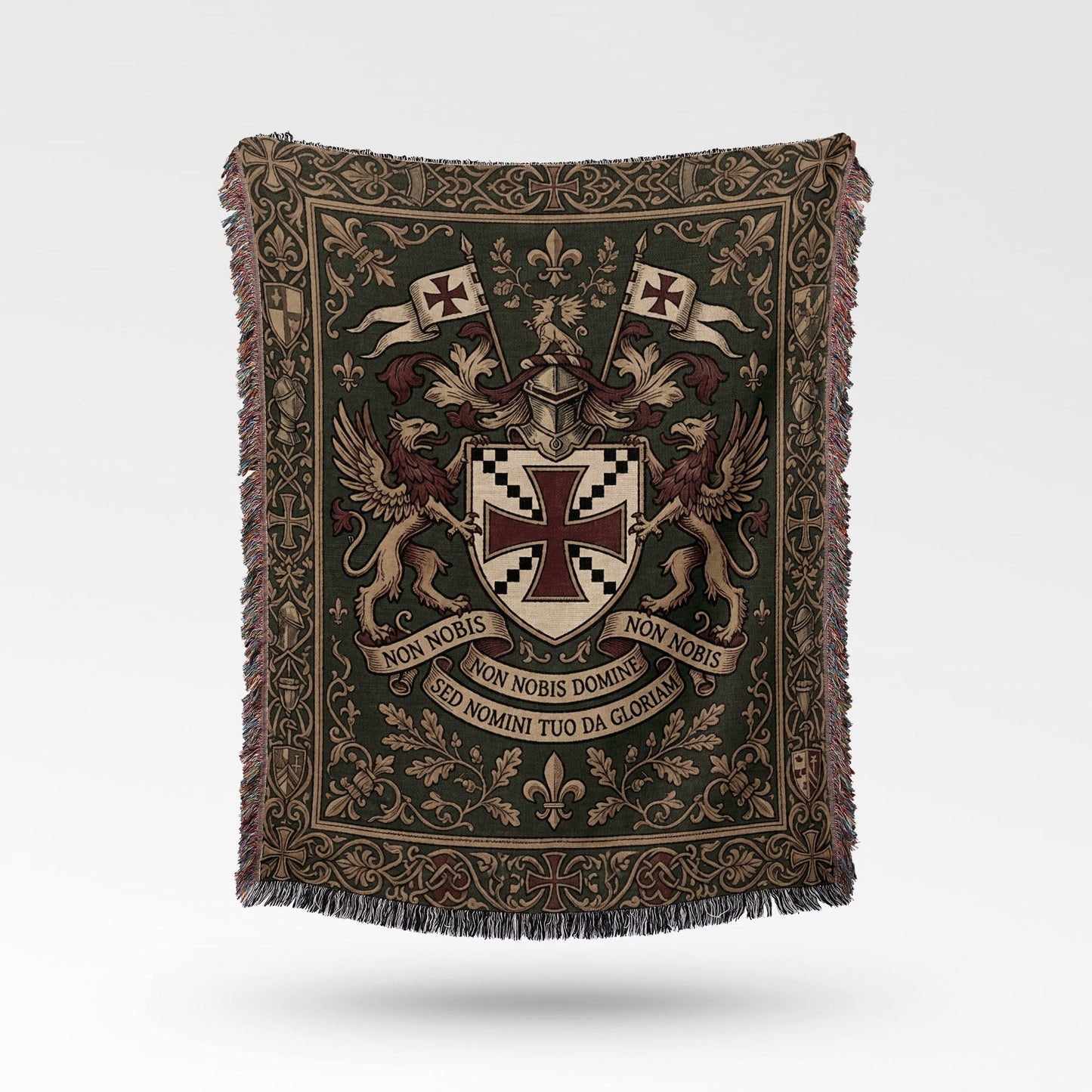 Woven throw with coat of arms, griffins, flags, and Latin text.