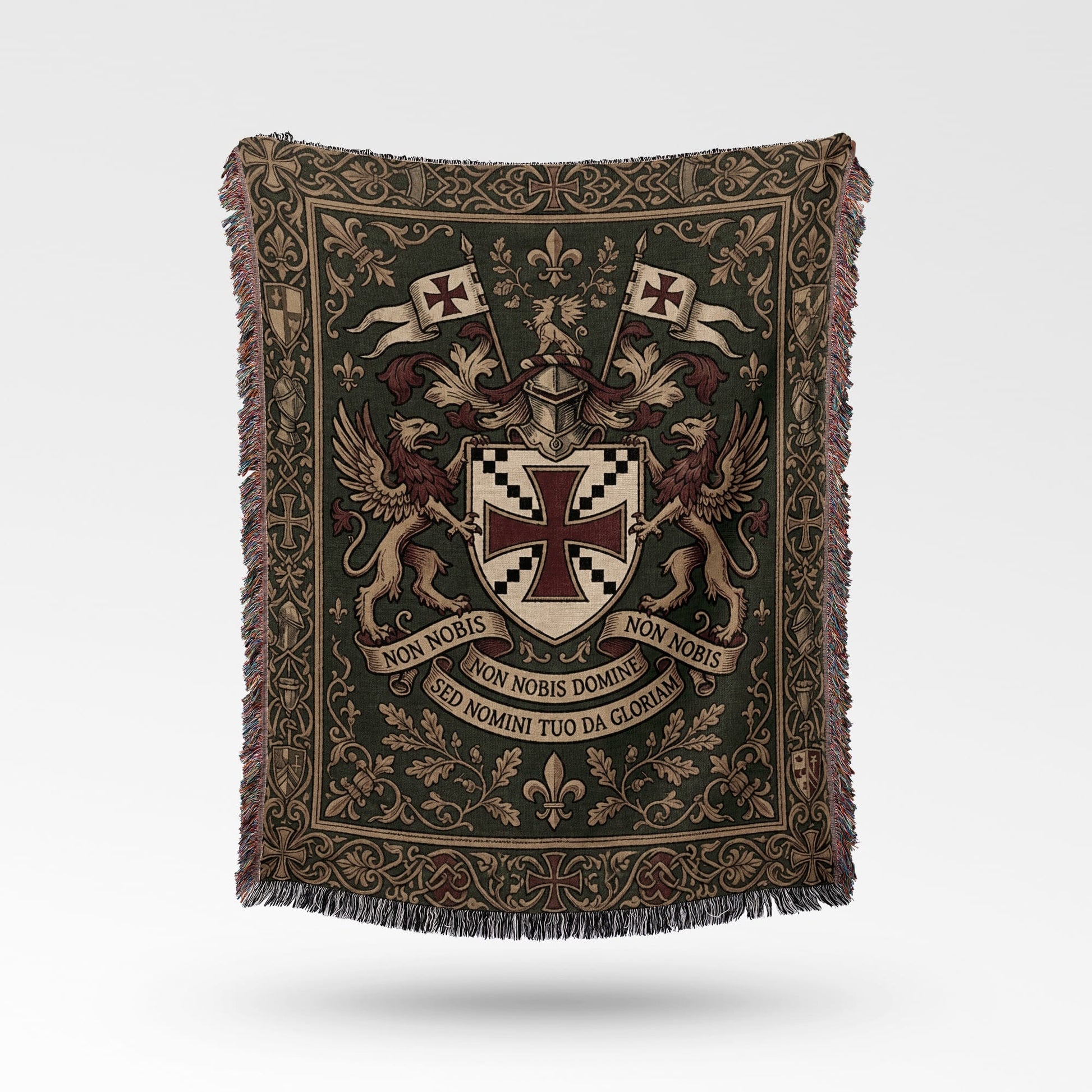 Woven throw with coat of arms, griffins, flags, and Latin text.