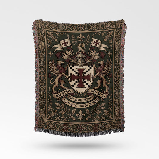 Woven throw with coat of arms, griffins, flags, and Latin text.