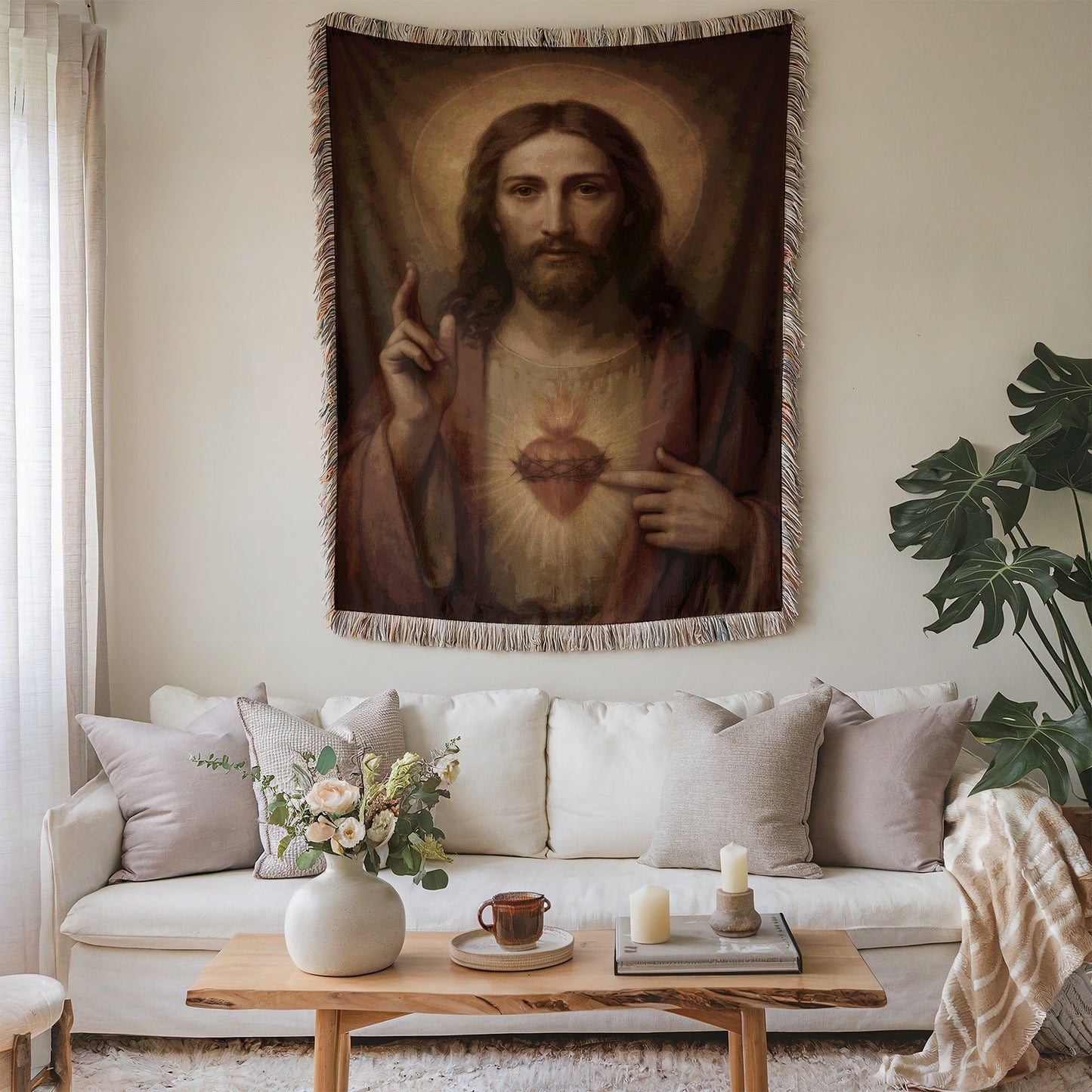 Sacred Heart of Jesus Woven Tapestry Wall Art Decor