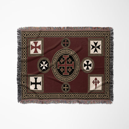 MyDesigns Medieval Tapestry Woven Throw – Burgundy Jerusalem Cross Medallion Blanket jacquard woven blanket