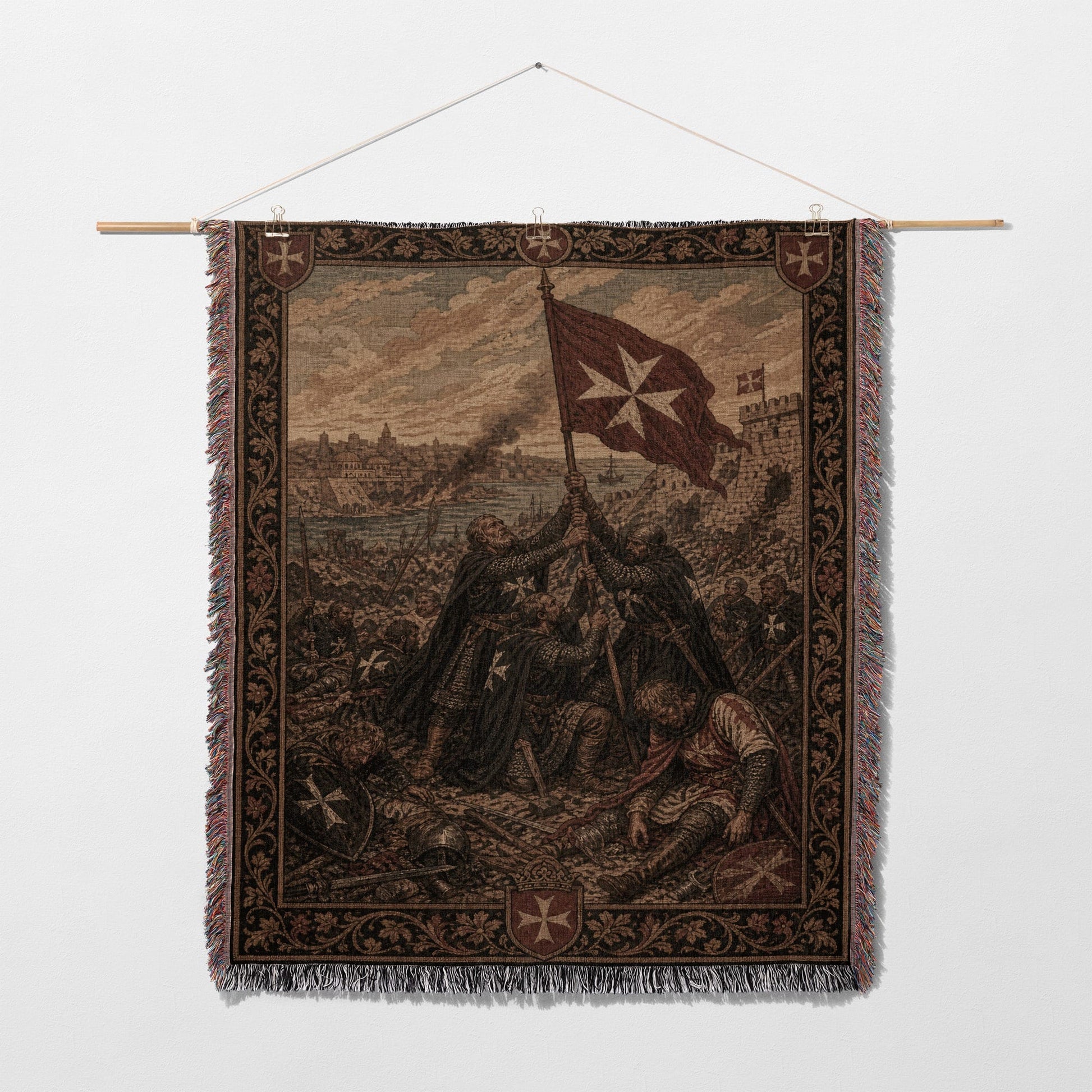 Knights Templar flag raised amidst a medieval battle scene tapestry.