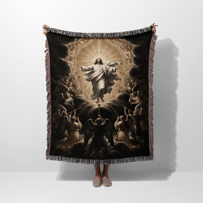 Jesus ascending surrounded by angels, holding a patterned throw blanket.