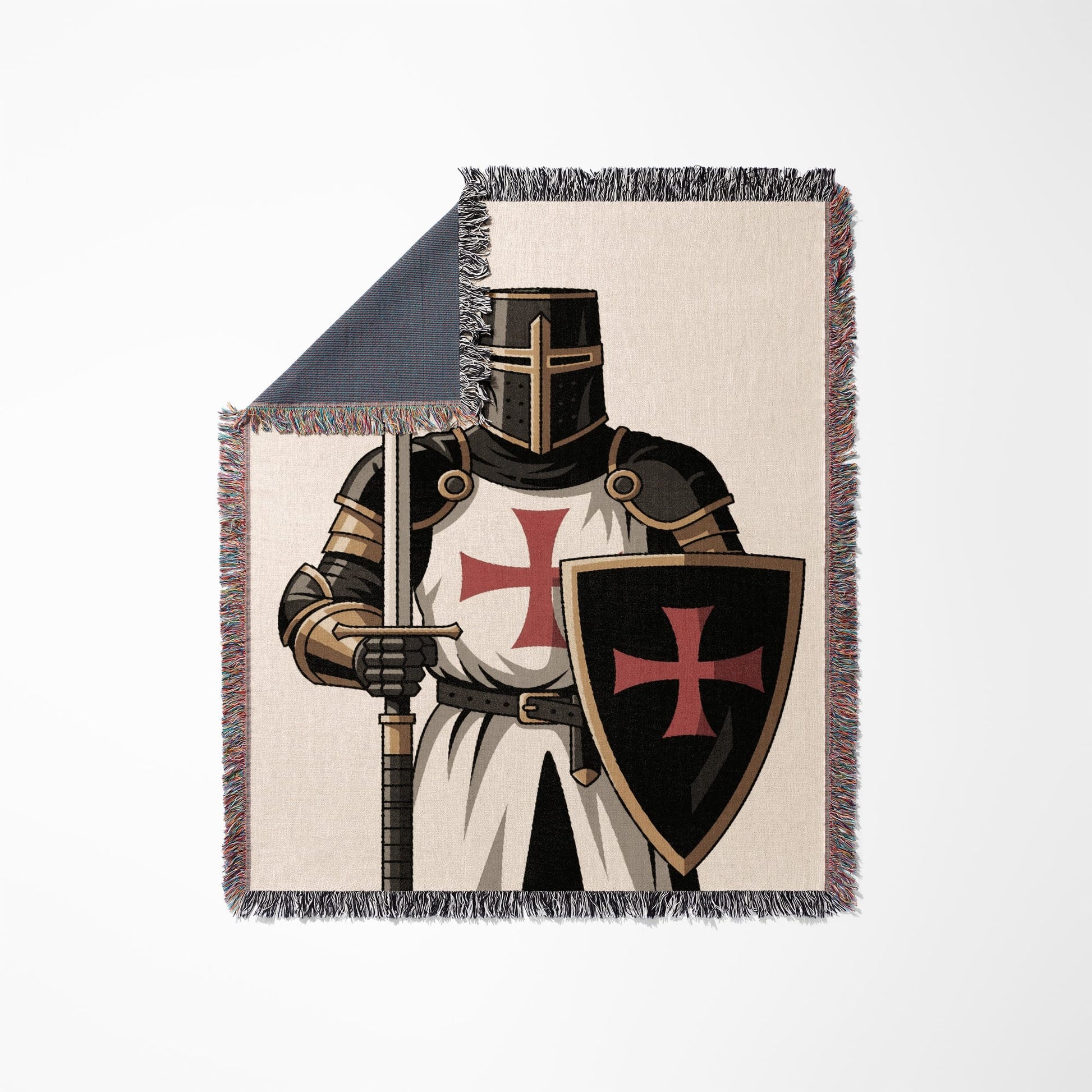 Knight in armor with sword and shield bearing a red cross.