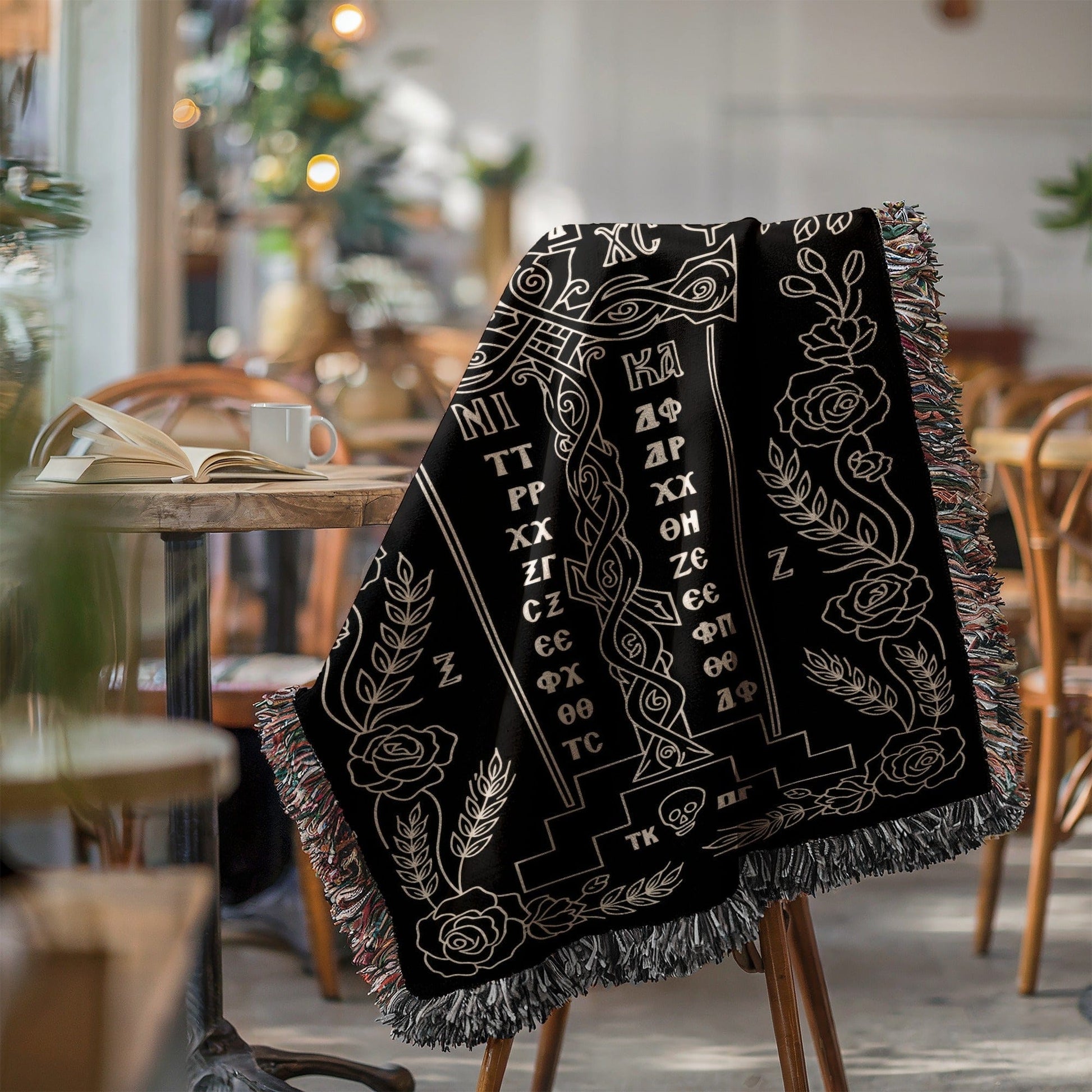 Mystical Black and White Blanket with Ancient Symbols