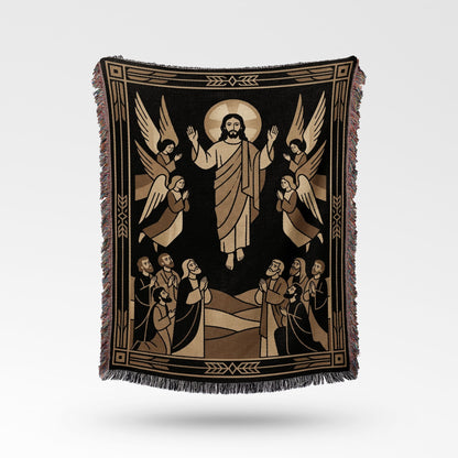 Tapestry depicting Jesus with angels, framed by geometric patterns and fringed edges.