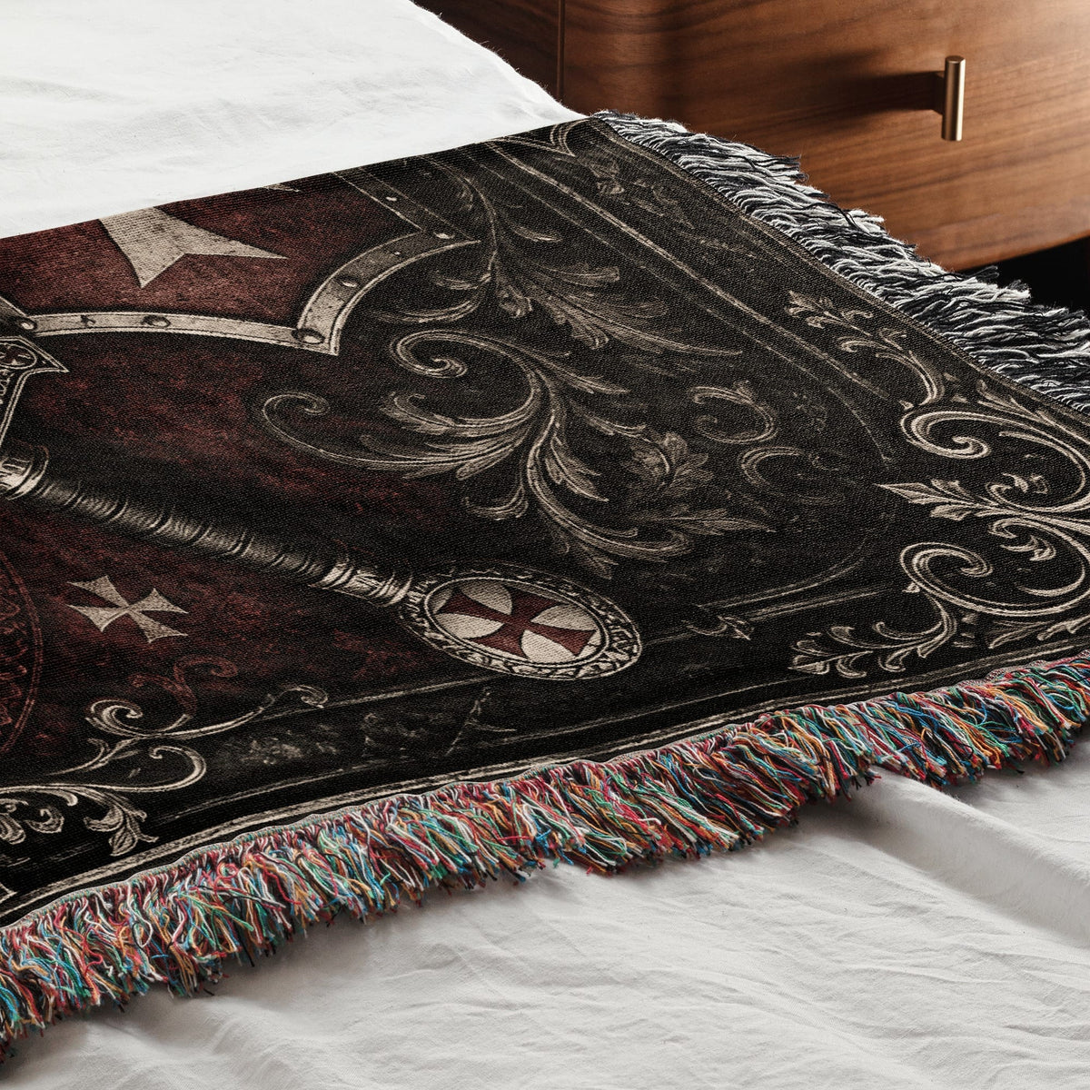 MyDesigns Medieval Wall Hanging – Deus Vult Crossed Swords Woven Blanket, Grey Frame jacquard woven blanket