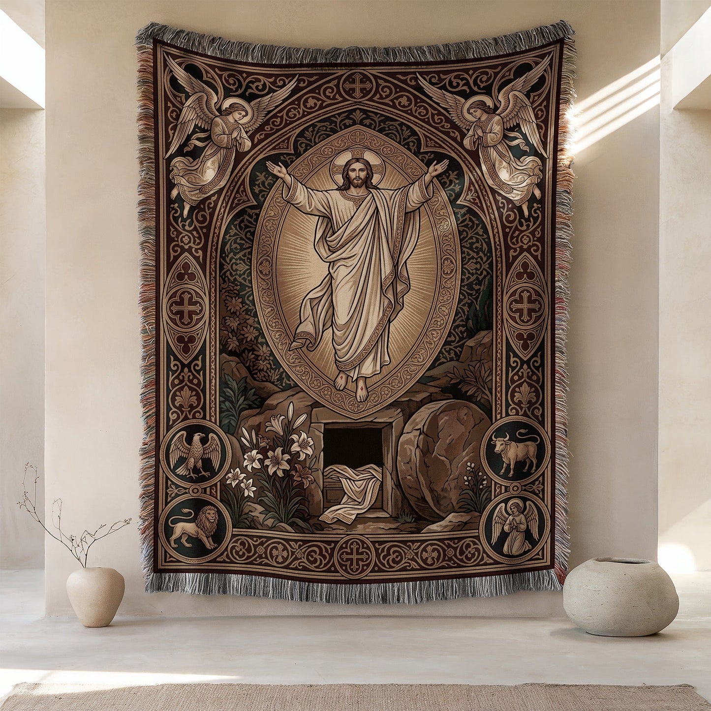Religious Themed Wall Tapestry with Detailed Artwork