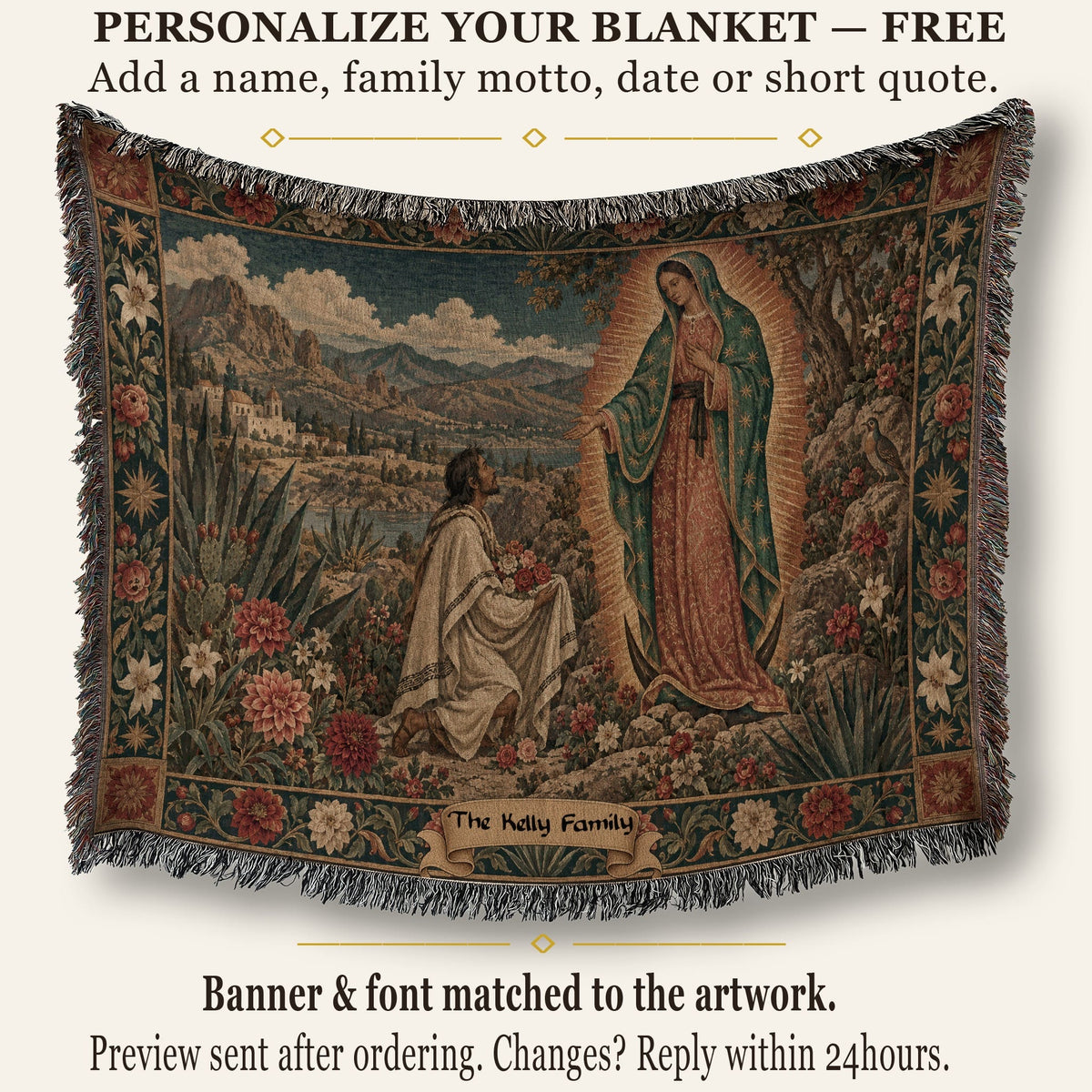 CalmNestStyle Our Lady of Guadalupe at Tepeyac jacquard woven blanket