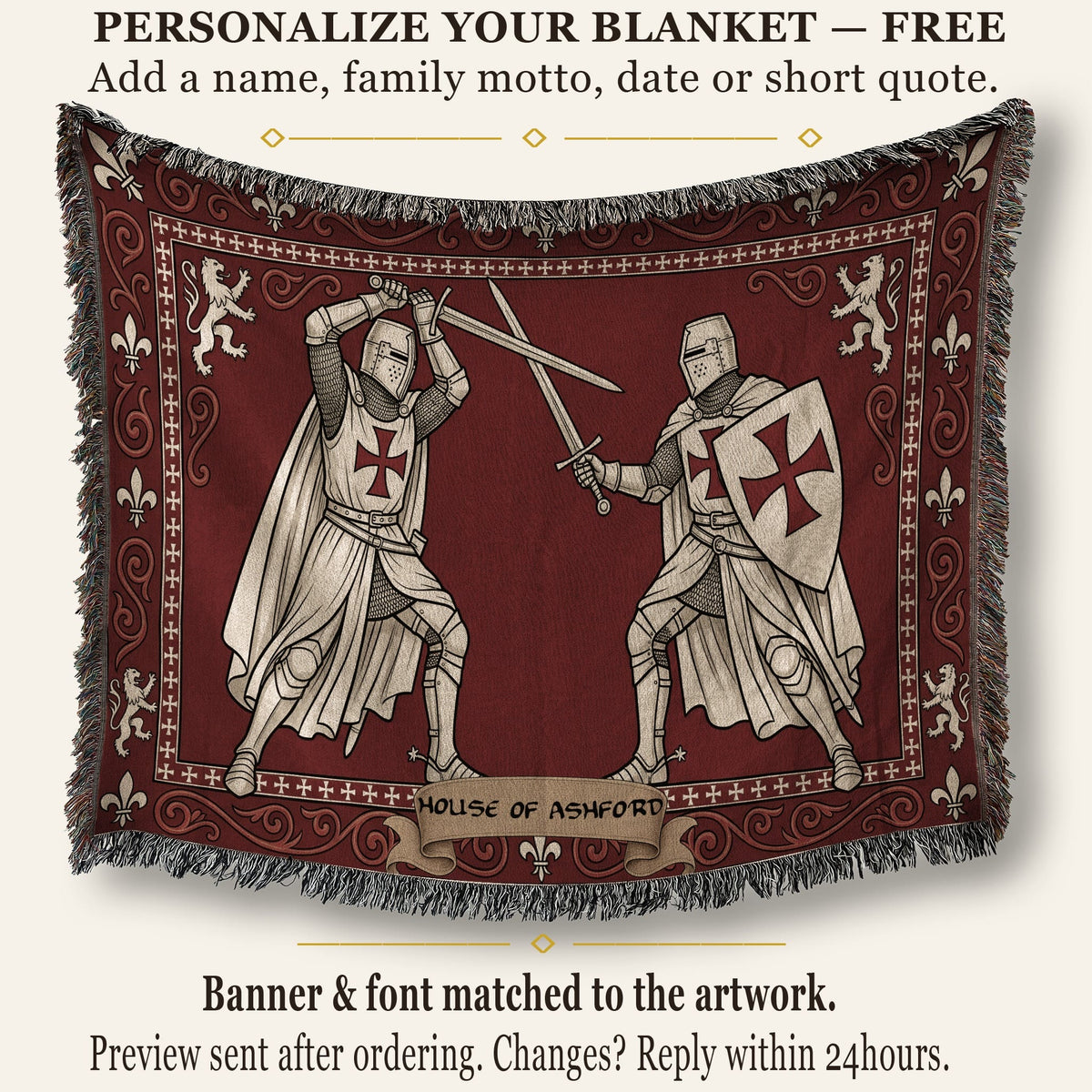 MyDesigns Medieval Knight Tapestry Blanket – Templar Knights Duel Woven Throw, Scrollwork jacquard woven blanket