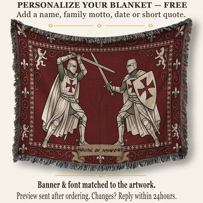 MyDesigns Medieval Knight Tapestry Blanket – Templar Knights Duel Woven Throw, Scrollwork jacquard woven blanket