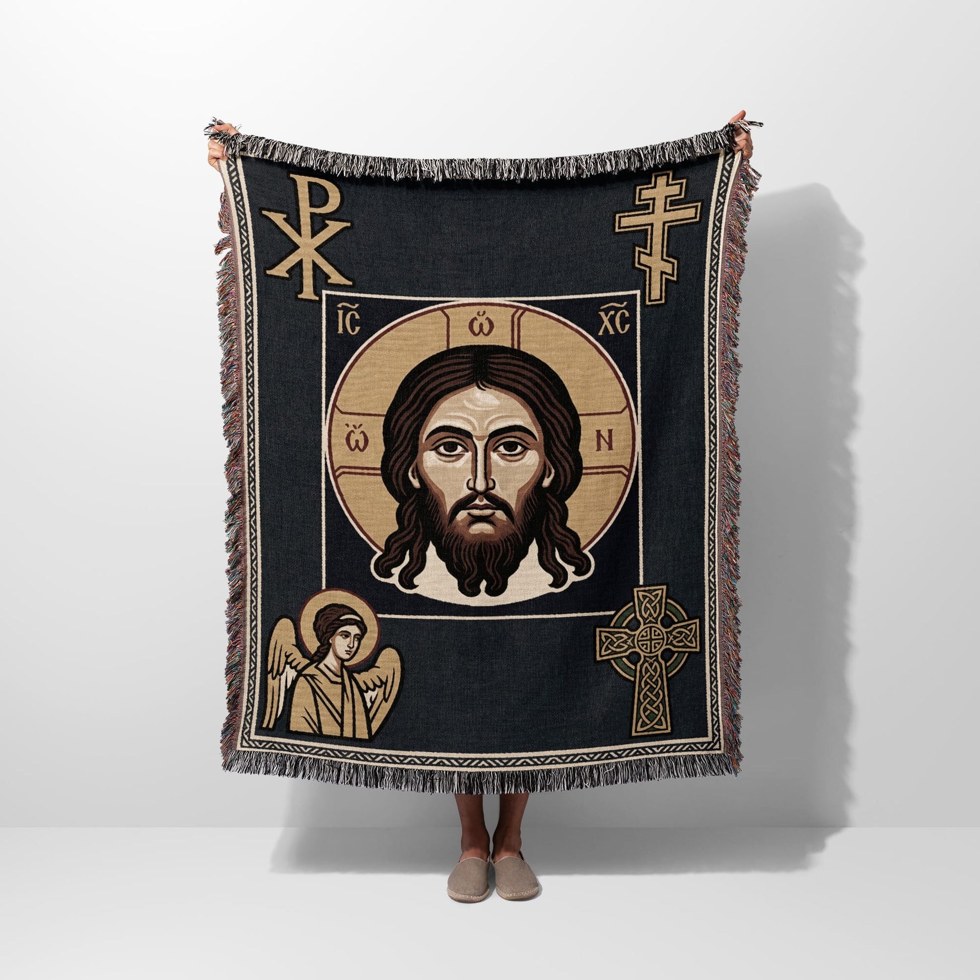 Religious blanket featuring Jesus Christ portrait and an angel.