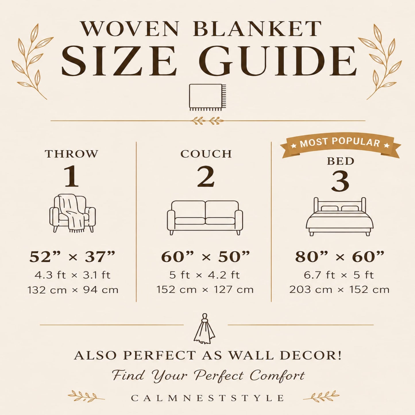 Woven blanket size guide: throw 52"x37", couch 60"x50", bed 80"x60".