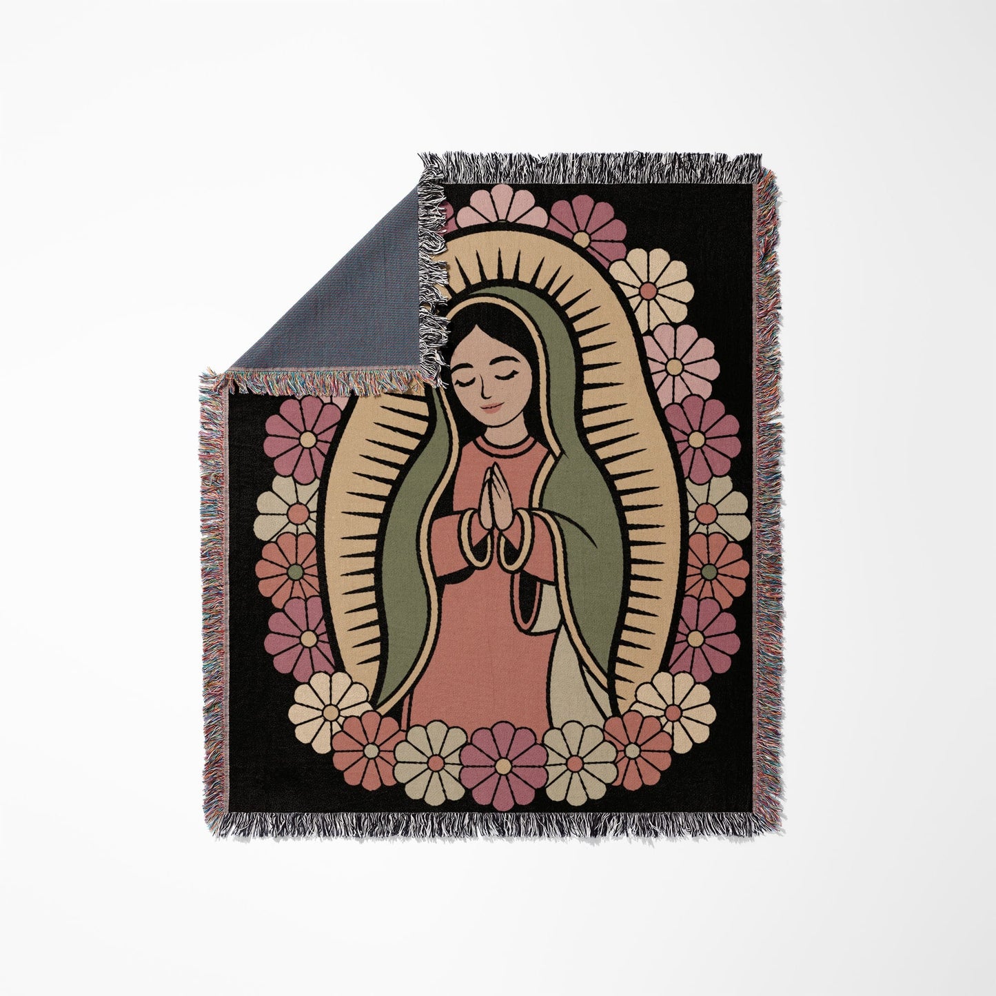 Black blanket with floral border featuring a devotional image of the Virgin Mary.
