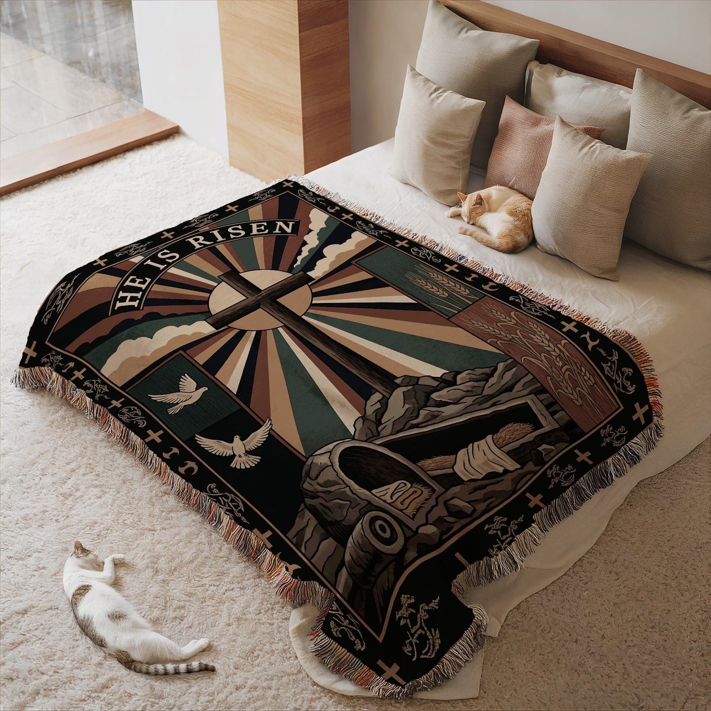 He Is Risen Tapestry with Cross and Dove Blanket