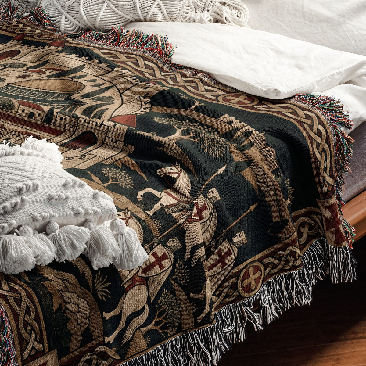 CalmNestStyle Crusader Jerusalem Round Map I Green Hills jacquard woven blanket