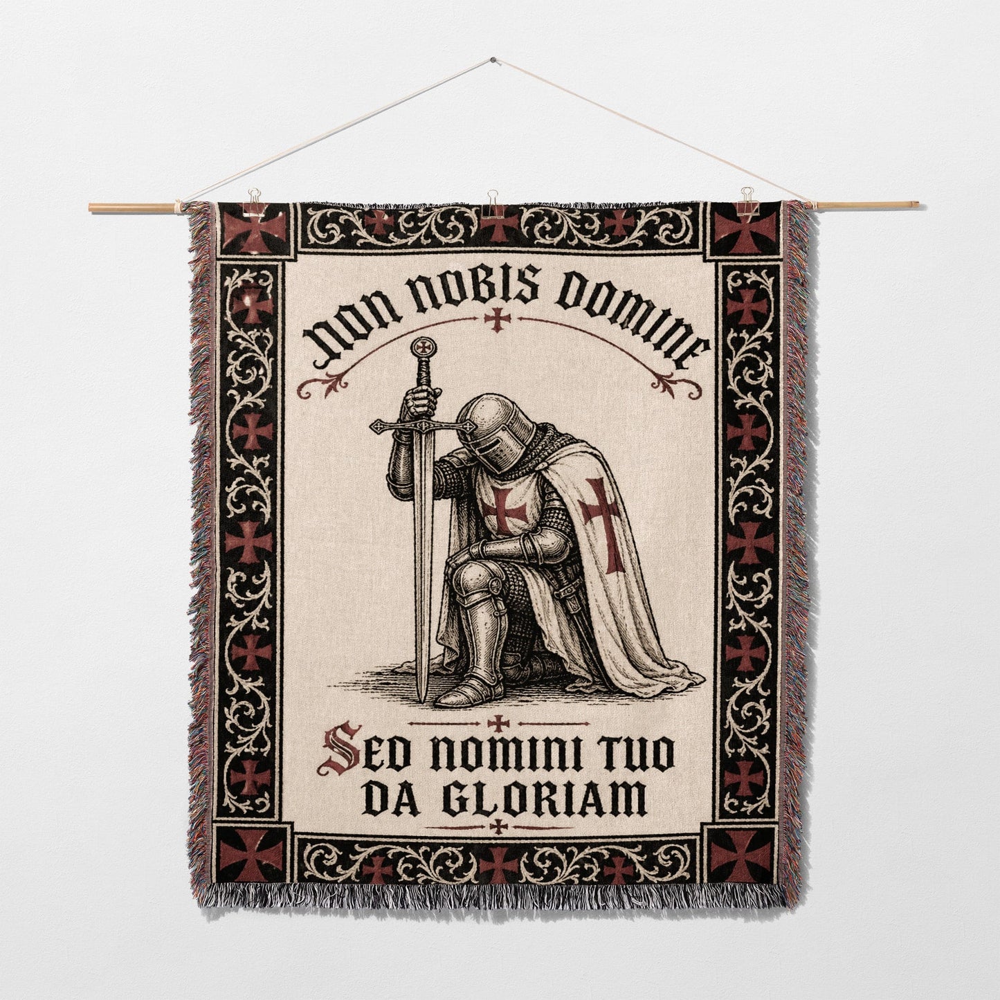 Knight kneeling with sword, "Non Nobis Domine, Sed Nomini Tuo Da Gloriam".