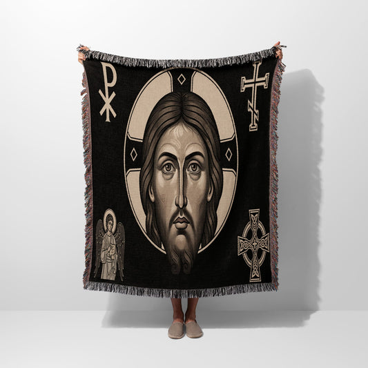 Blanket with Jesus portrait, angel, and Christian crosses.