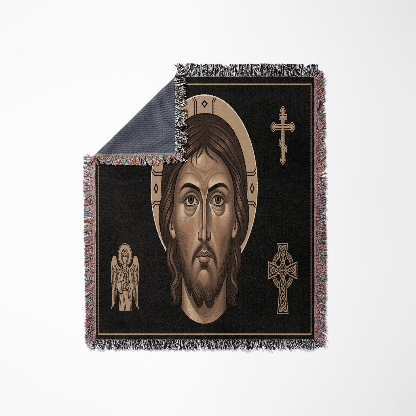 Woven throw blanket featuring a central icon of Jesus Christ and angelic figures.