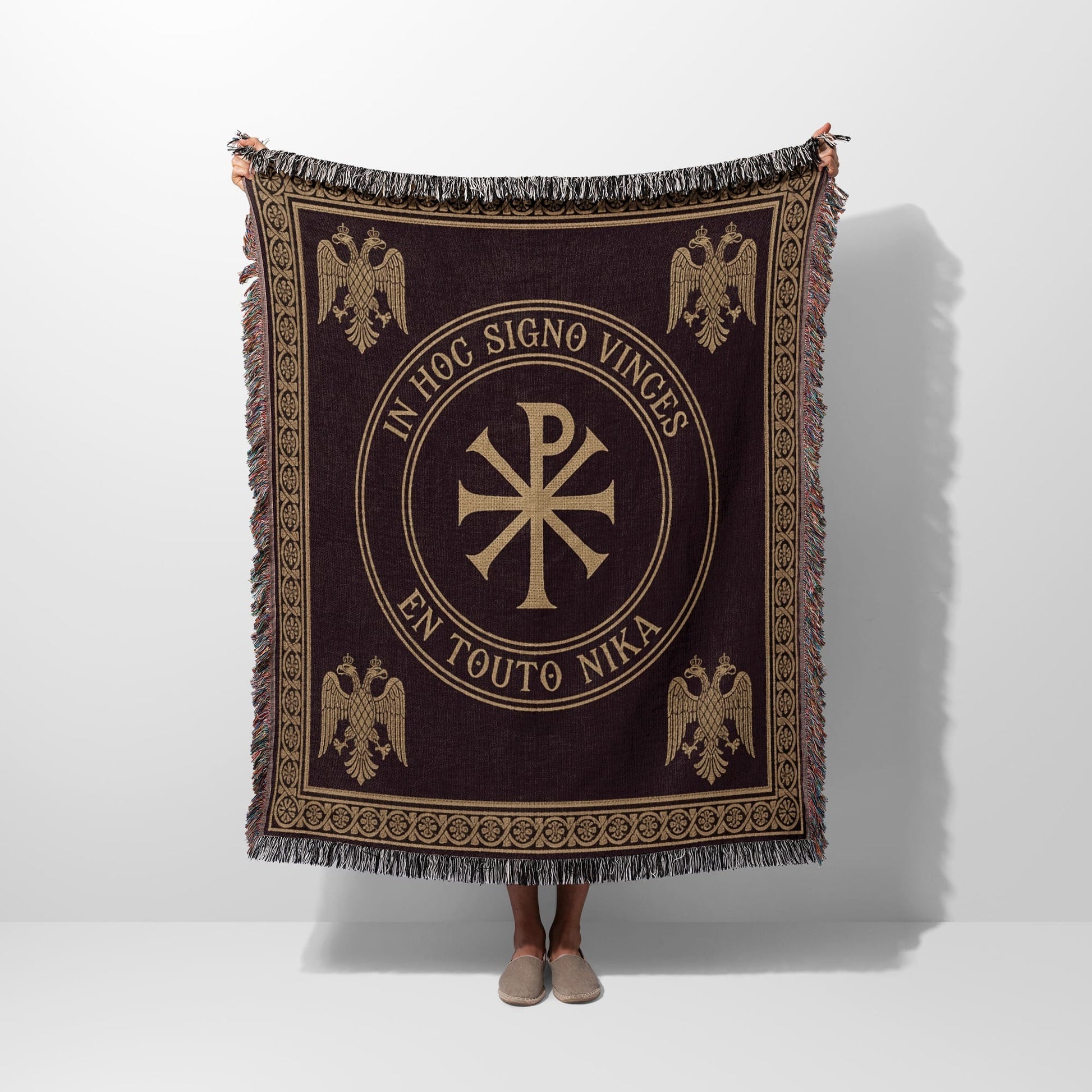 Tapestry blanket with Chi Rho symbol, eagles, and Latin text "IN HOC SIGNO VINCES".