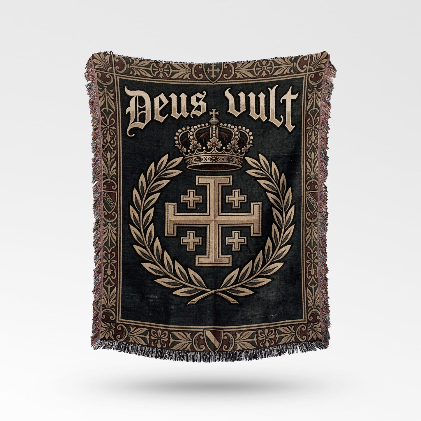 Dark tapestry with "Deus Vult" text, crown, and Jerusalem cross within a laurel wreath.