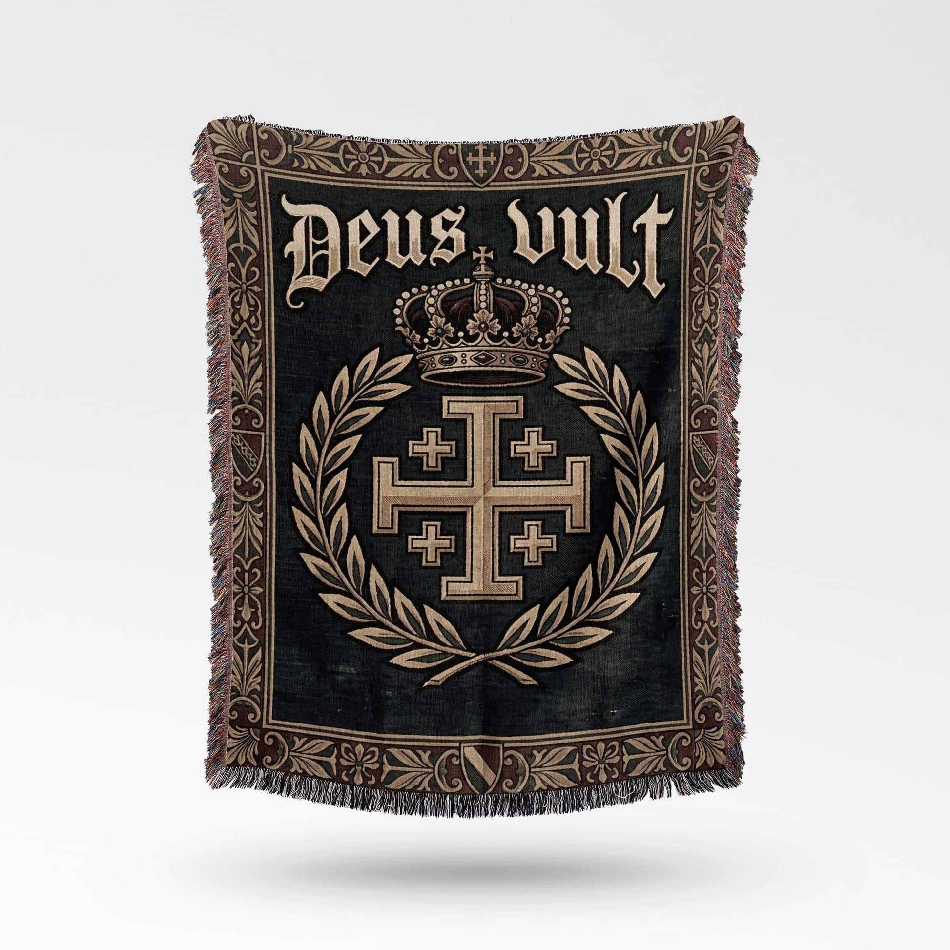 Dark tapestry with "Deus Vult" text, crown, and Jerusalem cross within a laurel wreath.