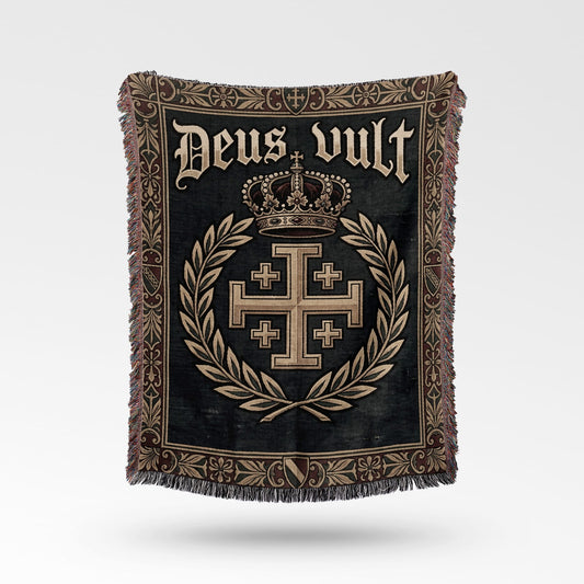 Dark tapestry with "Deus Vult" text, crown, and Jerusalem cross within a laurel wreath.