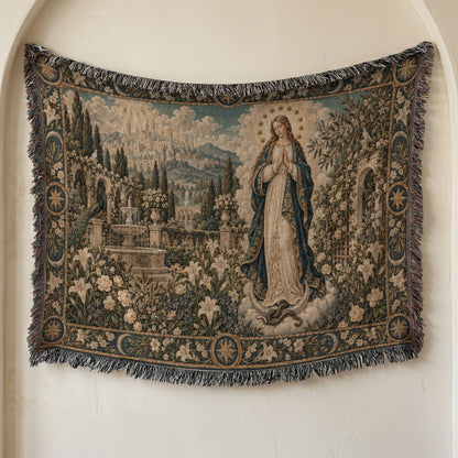 A woven tapestry hanging on a wall depicts a classical landscape with a standing woman.
