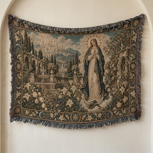 A woven tapestry hanging on a wall depicts a classical landscape with a standing woman.
