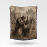 Praying Knight Before Battle Against A Castle Templar Woven Blanket