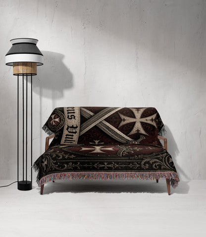 CalmNestStyle Medieval Blanket with Deus Vult Scroll – Crossed Swords Crusader Shields Woven Throw jacquard woven blanket