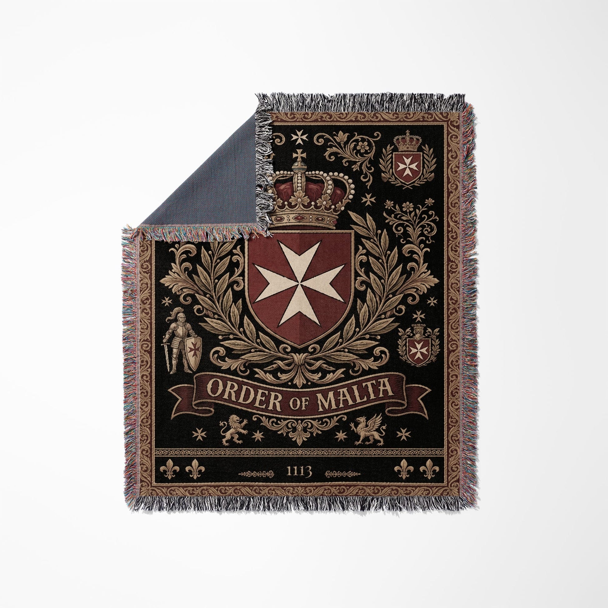 Woven blanket with Order of Malta crest, crown, knight, and year 1113.