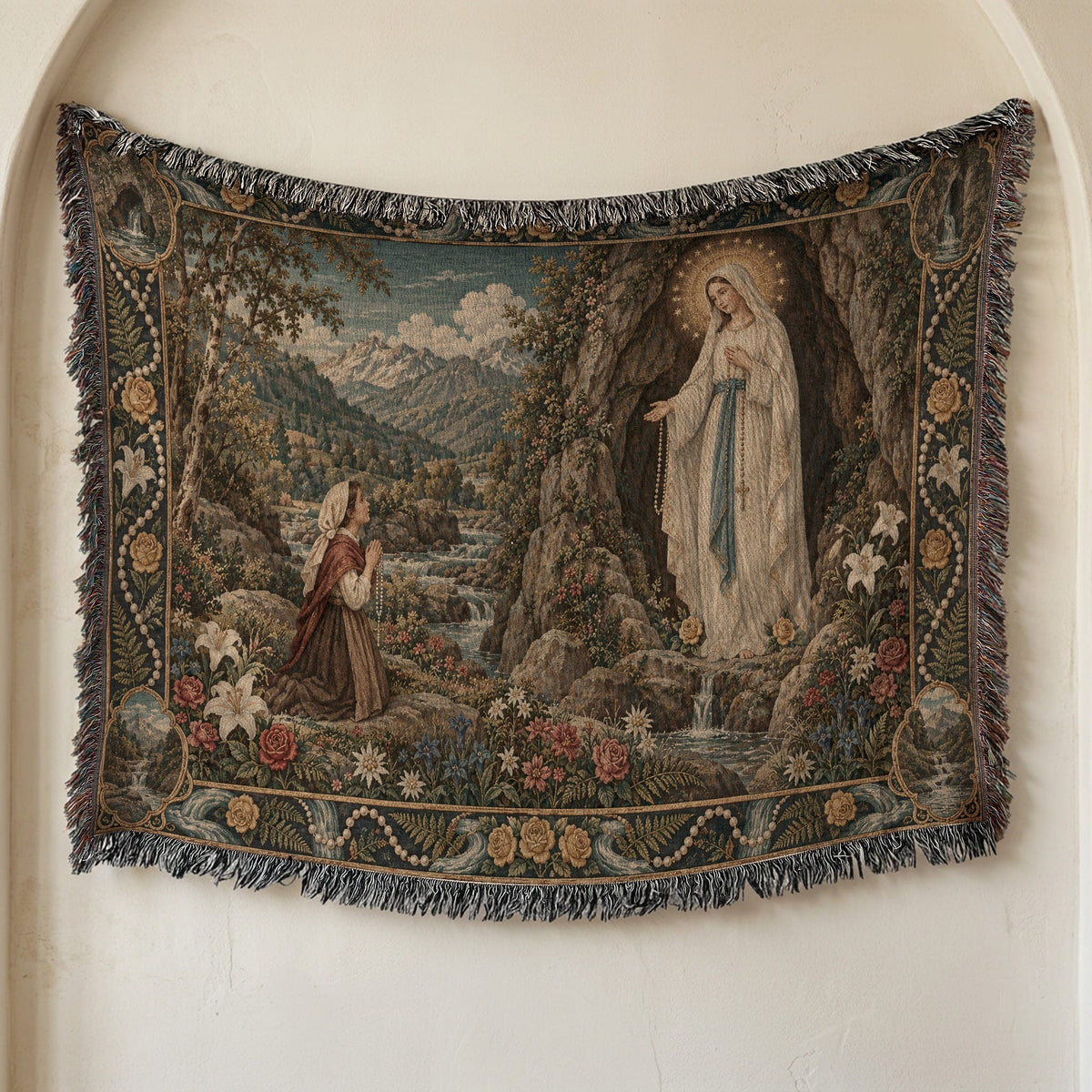 CalmNestStyle Our Lady of Lourdes at the Grotto jacquard woven blanket