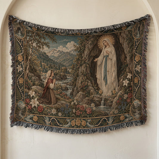CalmNestStyle Our Lady of Lourdes at the Grotto jacquard woven blanket