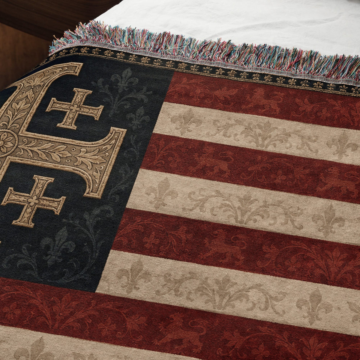 CalmNestStyle One Nation Under God Jerusalem Cross Flag Woven Blanket jacquard woven blanket